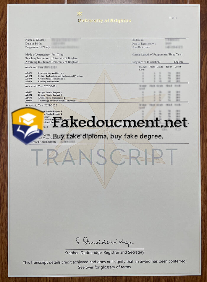 Buy University of Brighton transcript, fake transcript online.