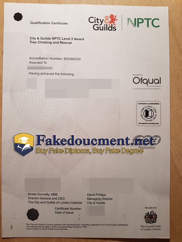 purchase fake City & Guilds NPTC Level 2 Award Tree Climbing and Rescue certificate