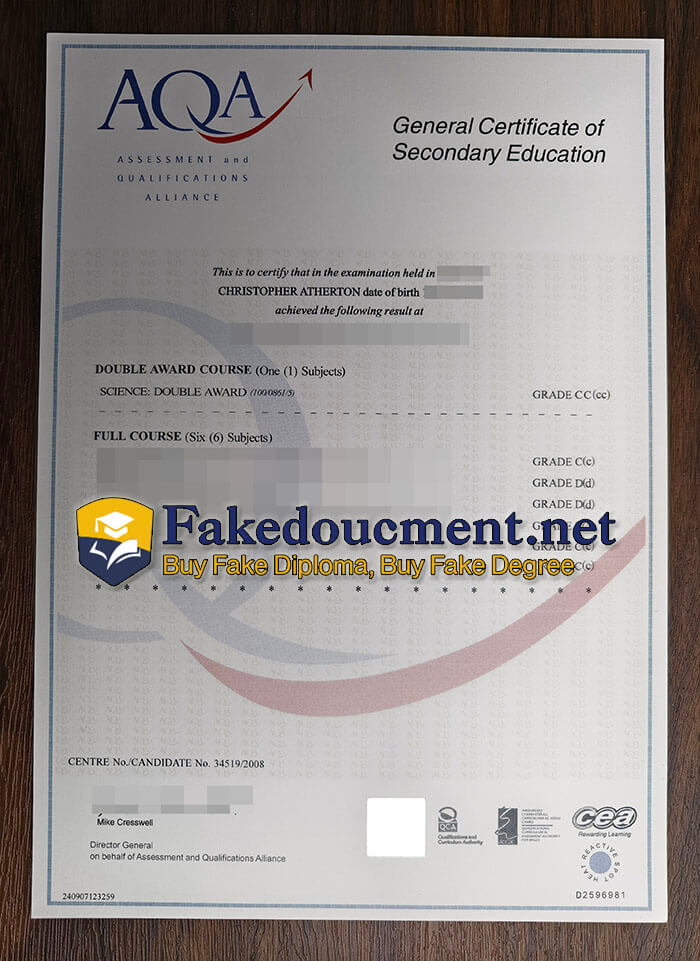 Buy Fake Aqa General Certificate Of Secondary Education 1312