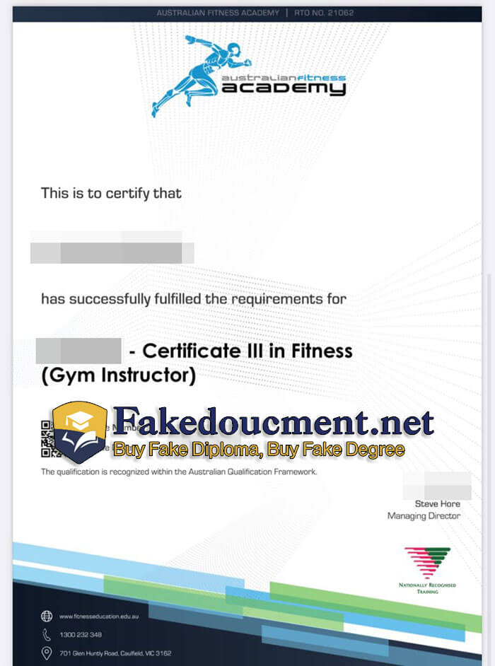 purchase realistic Australian Fitness Academy certificate