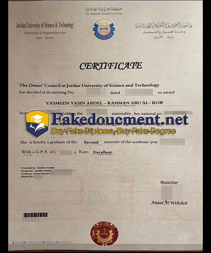 purchase realistic Jordan University of Science & Technology certificate