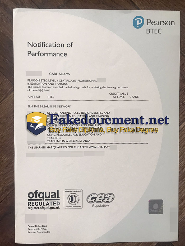 purchase realistic Pearson Btec Notification of Performance transcript