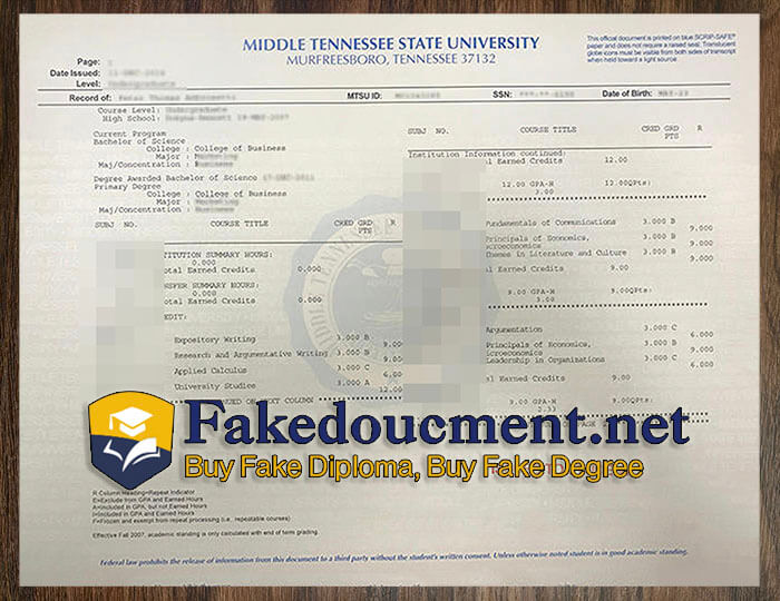 purchase realistic Middle Tennessee State University Transcript